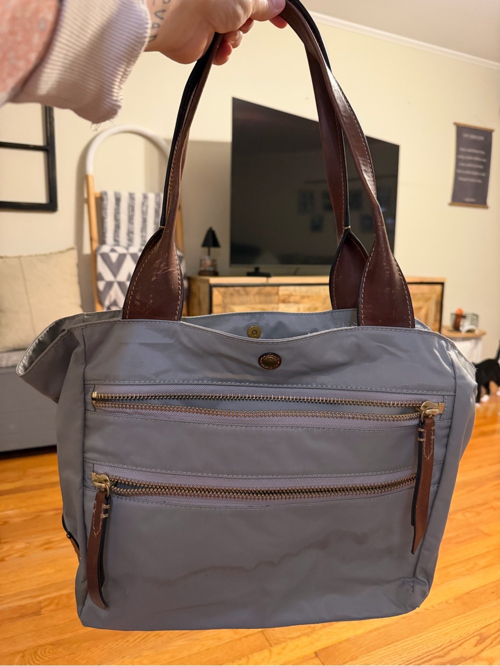 Frye Ivy Nylon Tote in grey with brown leather trim
